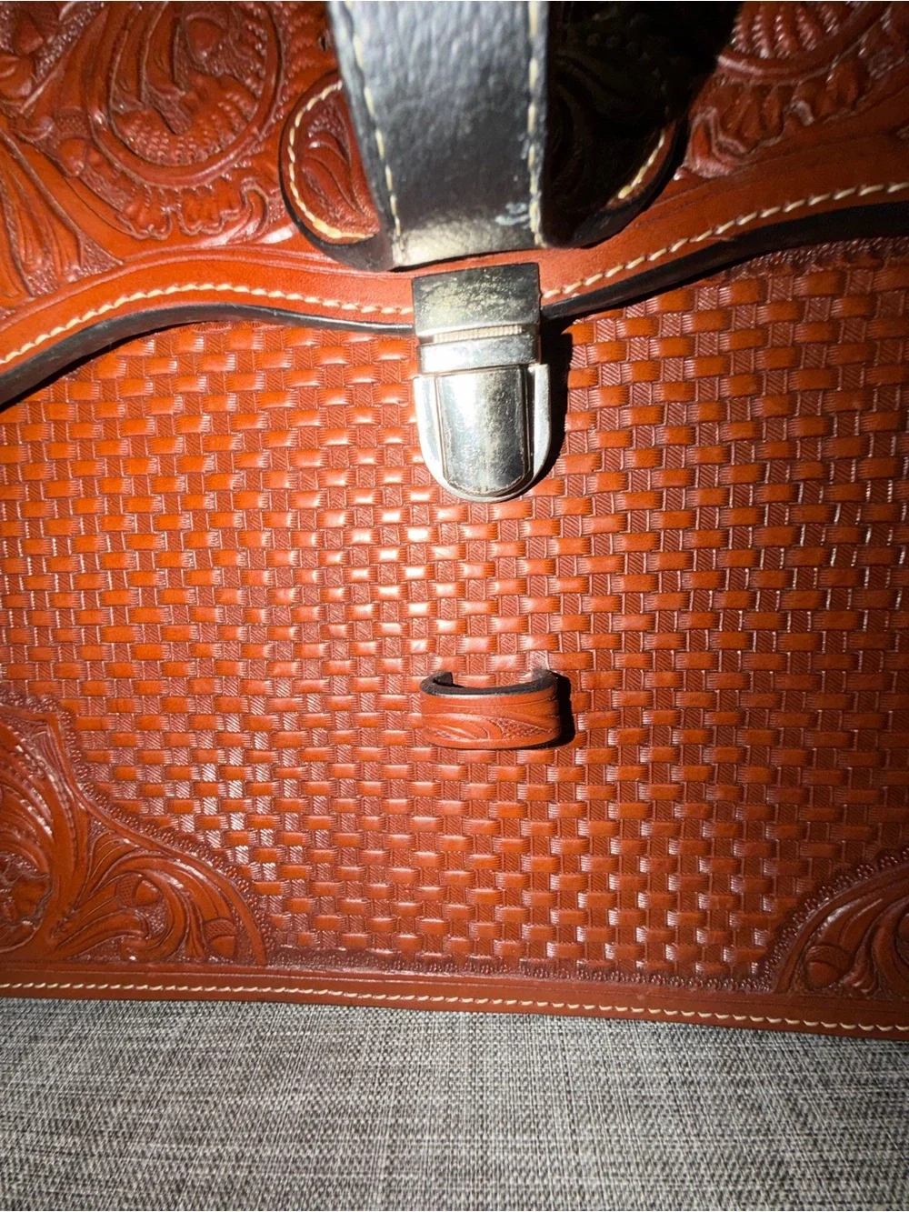Premium Tooled Leather Crossbody Briefcase - Brown